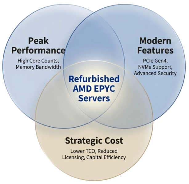 The three pillars of refurbished EPYC value: peak performance (core counts and memory bandwidth), modern features (NVMe and newer PCIe generations, depending on model), and strategic cost (lower TCO and better capital efficiency).
